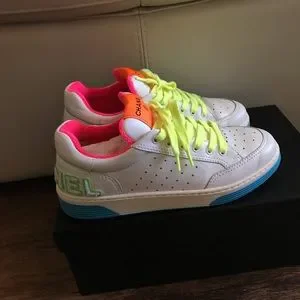 CHANEL Shoes Chanel Neon Blue Sole Low Top Leather Sneakers